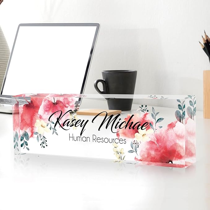 Custom Name Plate for Desk, Desk Name Plate Personalized, Office Decor for Women Men, Acrylic Desktop Accessories, Office Gifts for Coworkers Boss Teacher, Employee Appreciation Gifts (Flowers A)