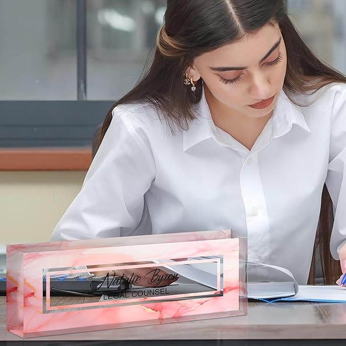 Personalized Name Plate for Desk, Custom Acrylic Desk Name Sign, Office Appreciation Gifts for Women Men Coworkers Boss Teacher Employee (Pink Marble)
