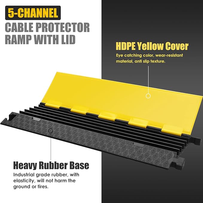 Rubber Cable Protector Ramp, Heavy Floor Cable Wire Cord Cover Speed Bumps 22000Lbs Load Capacity, Driveway Hose Cable Ramp Protective Cover for Indoor and Outdoor (5-Channel x 2Pcs)