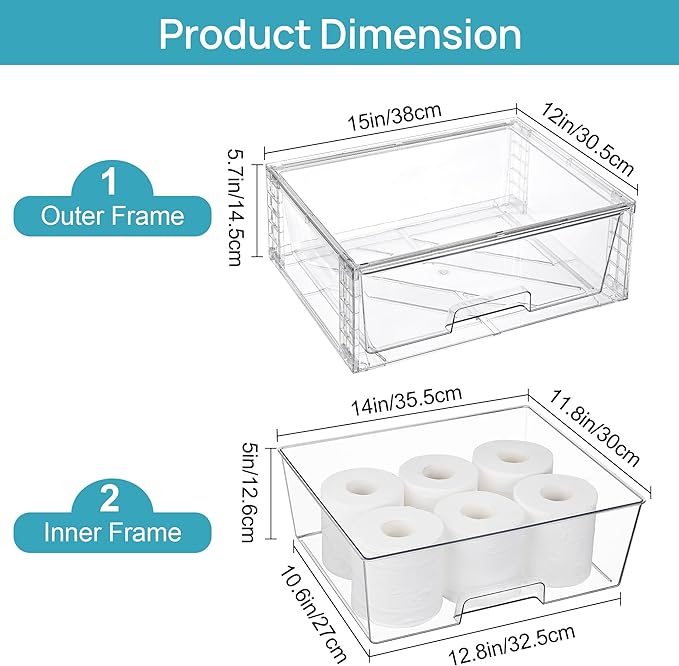 Vtopmart 2 Pack Large Stackable Storage Drawers,Easily Assemble Clear Acrylic Bathroom Closet Undersink Organizers,Plastic Storage Bins for Cabinet,Kitchen Pantry,Medicine Organization