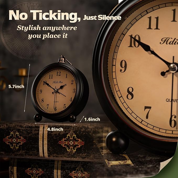 Vintage Alarm Clock, 5 inch Battery Operated Silent Non Ticking Snooze Small Clock with Night Light, Old Fashioned Desk Clock Decor for Bedroom, Bedside, Living Room, Room (Arabic)