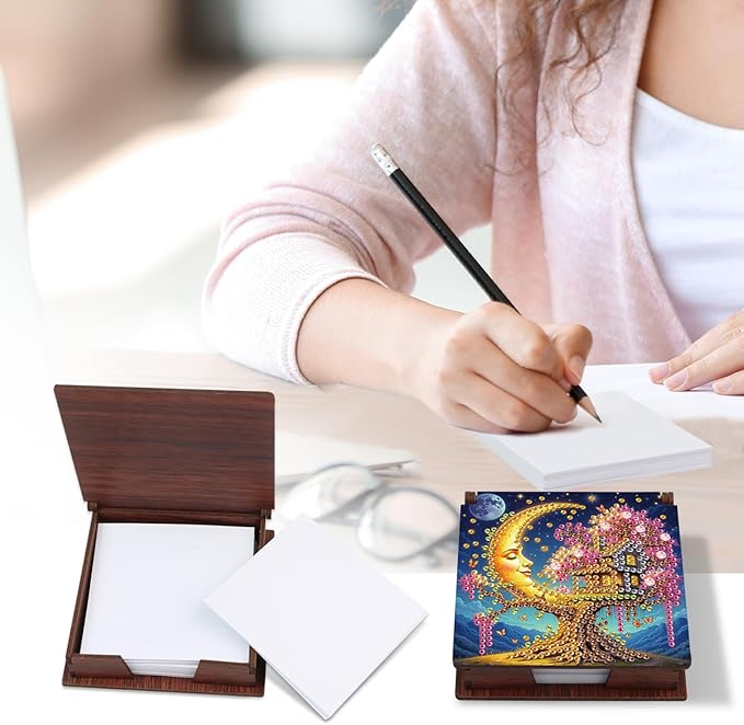 Moon Diamond Painting Kit Note Box,Memo Paper Storage Box Diamond Art,Sticky Note Holder Diamond Art,Diamond Painting Memo Pad For Office Desk. (Moon)