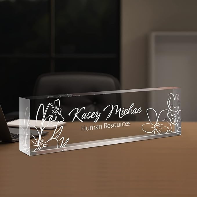 SalaGraphics Custom Engraved Acrylic Name Plates for Desks, Office Desk Plate Personalized, Decor Nameplate, Nurse Manager Employee Teacher Appreciation Gifts, Accessories (Flowers F)