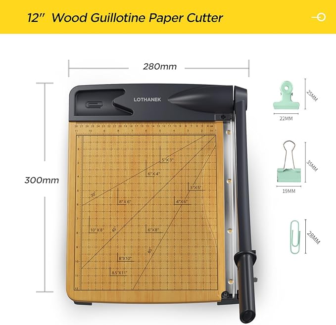 12'' Wood Guillotine Paper Cutter, Heavy Duty Wood Base Paper Trimmer with 16 Sheets Capacity Paper Cutting Board for Classroom, Crafting, Cardstock, Art Projects