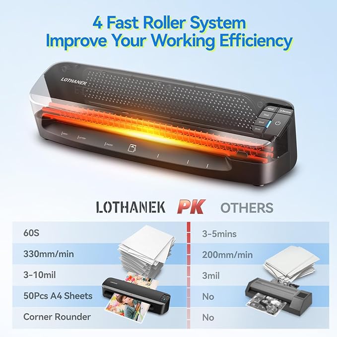 13 inch 4-Roller Laminator Machine, 3-10 Mil 60-Second Warm-up A3 Commercial Laminating Machine with 50 Sheets, LOTHANEK Heavy Duty Thermal Machine for Home, School Office Teacher Use