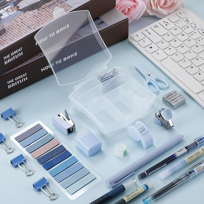 Colarr Mini Office Supply Kit Includes Stapler Tape Dispenser Staple Remover Paper Clips Scissor Staples Pen Sharpener Note Small Telescopic Knife for Office and School Clerk Student (Blue)