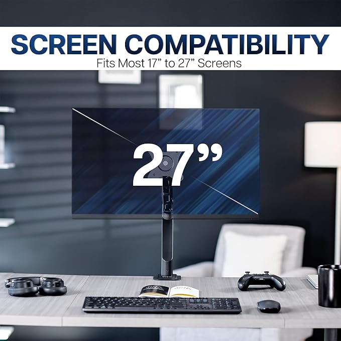 VIVO Heavy Duty Single Monitor Tension Arm for up to 27 inch Screens, Holds 14.3 lbs, Premium Desk Mount Stand, Black, STAND-V101O