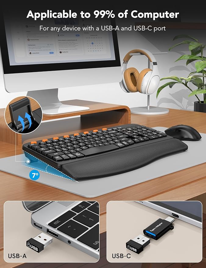 Wireless Keyboard and Mouse Combo, Ergonomic Wave Keys, Cushioned Plam Rest, Comfortable Silent Natural Typing, 2.4G Lag-Free, Full Size Keyboards Cordless Set for Multi-OS, Windows/Mac -SABLUTE