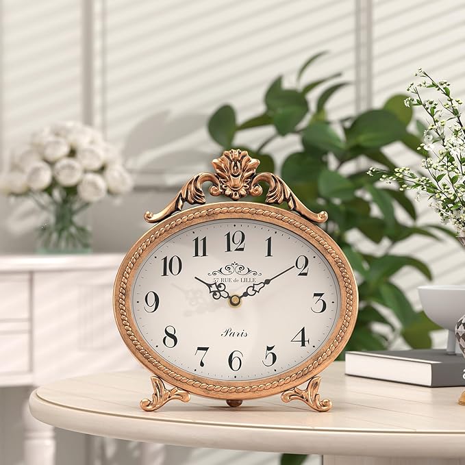 Abdurey Vintage Table Clock on Stand,Desk and Shelf Decorative Clock,French Rustic Style Mantel Clocks,Metal Frame Antique Gold Finish,Farmhouse,Bedroom, Bedside,Living Room,Gift Clocks
