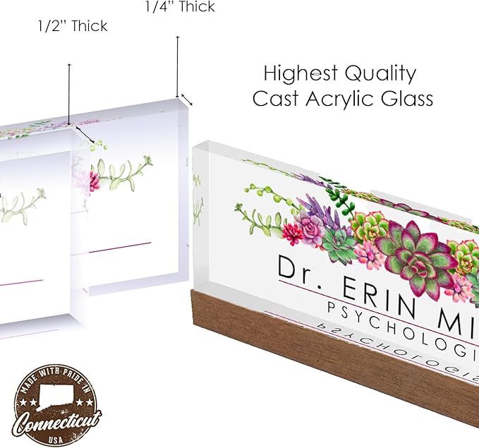 Artblox Office Personalized Name Plate for Desk with Business Card Holder On Clear Acrylic Glass Succulents Flowers Design Custom Desk Name Plate with Your Name and Credentials Customized Gift