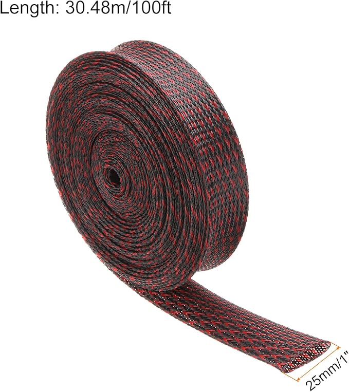 100ft PET Expandable Wire Loom 1 Inch, PET Braided Wire Sleeving Cable Management Sleeve Tubing [for Audio Video Home Office Cord Protector]-Black, Red