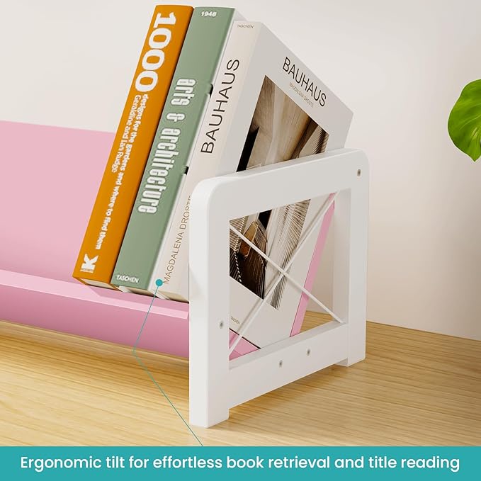 ELITEROO Tabletop Bookshelf, Simple Wood Book Organizer for Desk, Tilted Table Bookcase, Small Desktop Book Rack for Cookbook Display, Kids Reading, Office Storage, Pink