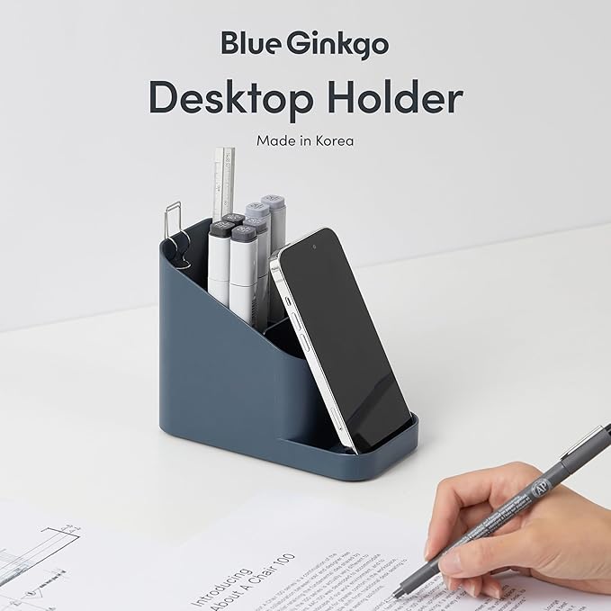 BLUE GINKGO Desk Holder – Korean-Made Office Organizer for Pencils, Pens, Notes, and Desk Supplies (Prussian Blue)
