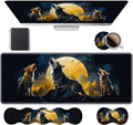 Ergonomic Keyboard Wrist Rest & Mouse Pad Wrist Rest Set, Large XXL Gaming Desk Mat 31.5"x 11.8" with Memory Foam, Easy Typing Pain Relief for Office & Home, Wolf Howling Under The Moon