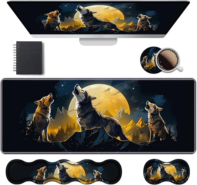Ergonomic Keyboard Wrist Rest & Mouse Pad Wrist Rest Set, Large XXL Gaming Desk Mat 31.5"x 11.8" with Memory Foam, Easy Typing Pain Relief for Office & Home, Wolf Howling Under The Moon