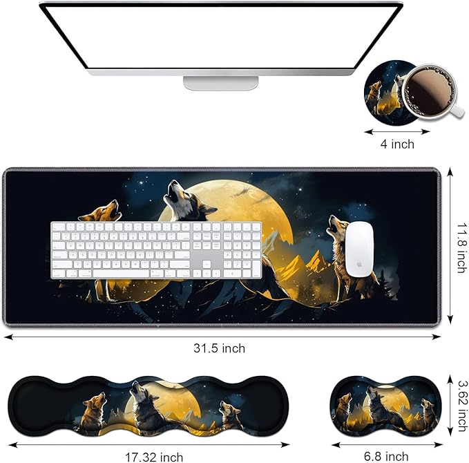 Ergonomic Keyboard Wrist Rest & Mouse Pad Wrist Rest Set, Large XXL Gaming Desk Mat 31.5"x 11.8" with Memory Foam, Easy Typing Pain Relief for Office & Home, Wolf Howling Under The Moon