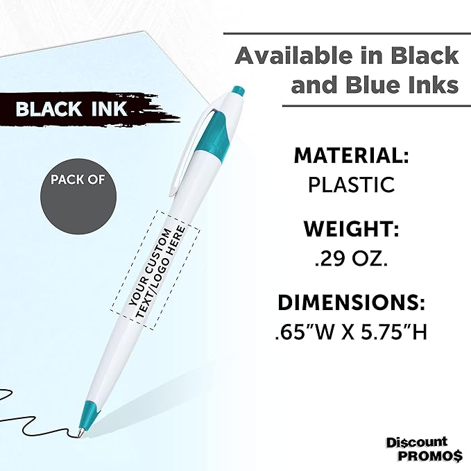 DISCOUNT PROMOS Custom Slim Curvy Ballpoint Pens Set of 50, Personalized Bulk Pack - Black Ink, Retractable, Great for Office, School, Tradeshows - Teal