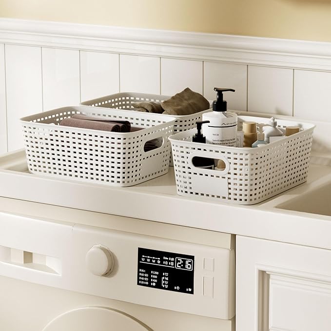 Plastic Storage Bins with Bamboo Lid - Pantry Storage Baskets with Lid - Stackable Container with Lable for Organizing: Small Storage Box for Shelves Office Cabinet Drawer Closet 9x7x4 In - White 6Pcs