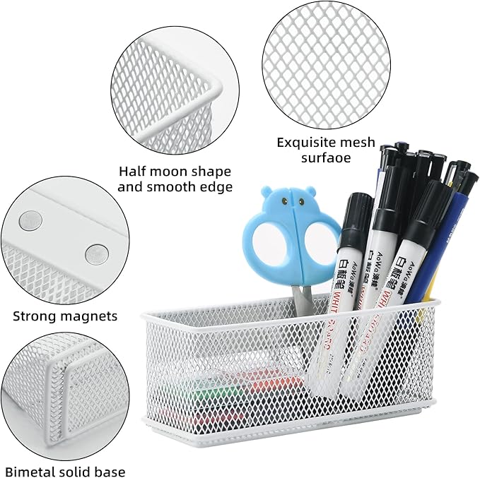 dedoot Magnetic Pencil Holder, White Mesh Pen Organizer Strong Magnetic Storage Basket Organizes Pens, Pencils, Markers for Whiteboard, Locker, Fridge, Cubicle Desk, Offices 6.3x2.3x2.6inch