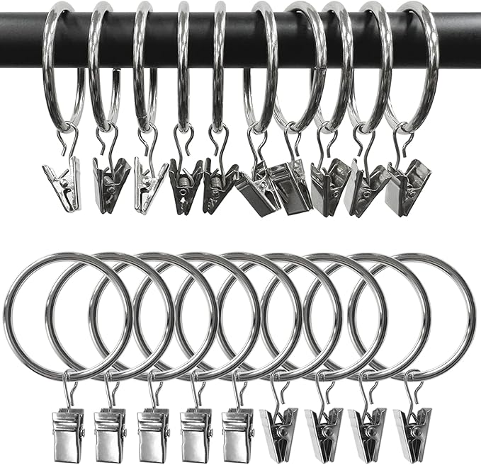 AMZSEVEN 100 Pack Metal Curtain Rings with Clips, Drapery Clips Hooks, Decorative Curtain Rod Clips 1.5 in Interior Diameter, Silver