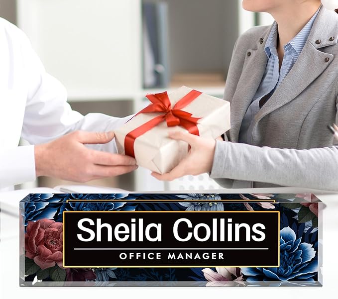 Custom Acrylic Name Plate for Desk, Employee Appreciation Gifts, Office Decor, Personalized, Funny Gifts for Coworkers, Boss, Teacher (Blue Flowers)