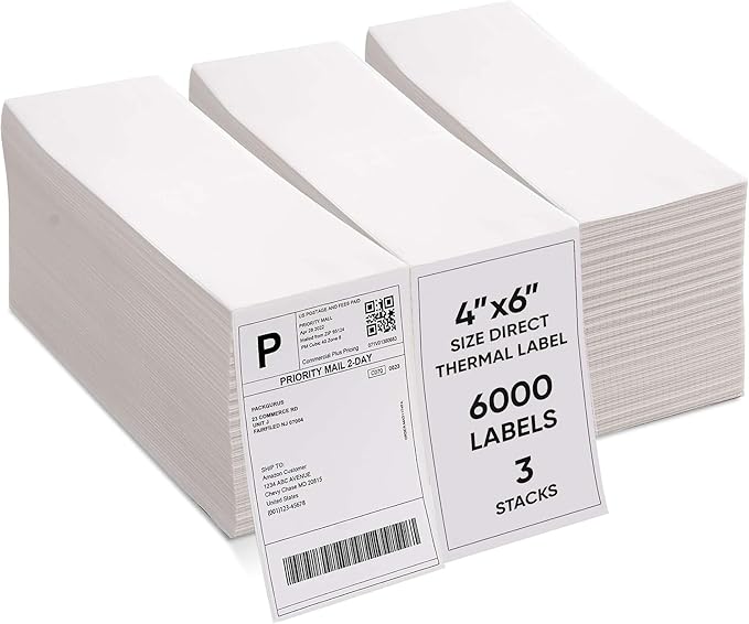4"x6" Fanfold Direct Thermal Labels Commercial Shipping Label with Perforated line for Thermal Printers, Compatible with Zebra & Rollo Printer (3 Stacks - 6000 Labels)