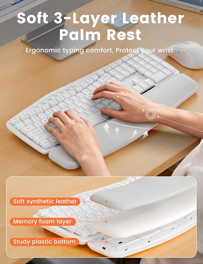 White Wireless Keyboard and Mouse Combo for MacBook & Windows, 30dB Quiet Ergonomic Keyboard Set with Wave Keys & Soft Palm Rest, Silent Typing, Dual-System Switch, Ideal for Home Office—Sablute