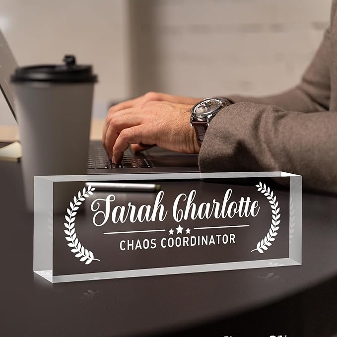 Custom Name Plate for Desk, Personalized Desk Name Plate on Clear Acrylic Glass, Appreciation Gifts for Teacher Employee Boss Coworkers Nurse, Office Desk Accessories for Women Men (Engraved Honor)