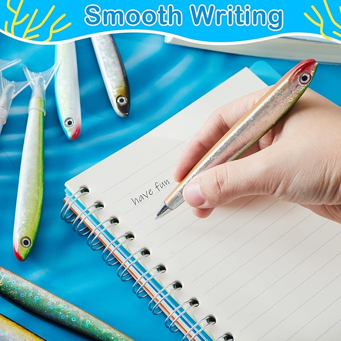 Outus 12 Pieces Fish Pens Fishing Birthday Party Favors Decoration Writing Ballpoint Pens for Office Valentine Day Chinese New Year Gifts (Glittery)