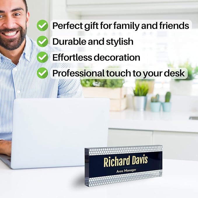 Customized Clear Acrylic Thick 8x3" Desk Name Plate Block with Personalized Logo - Professional Office Decor - Customized Acrylic Plate Gift for Teacher Co-workers, Christmas Gifts for Her, Thanksgiving Gifts (Elegant Navy)