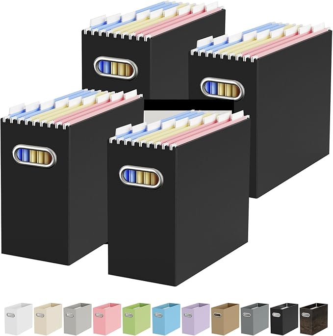 Oterri Cardboard File Organizer Box for Hanging File Folders Letter Size,File Box for Computer Desk,File Cabinet,Working Home,Office,Classroom（Black, Letter Size - 4 Packs）