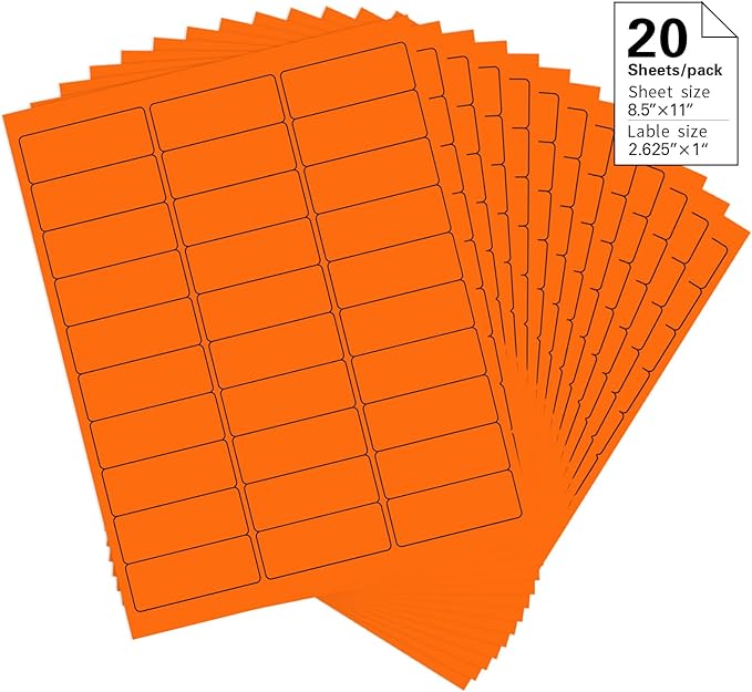 1" x 2-5/8" Colored Address Labels, 600 Bright Orange Label Stickers- Laser/Ink Jet Printer Mailing Labels, 8.5"x11" 20 per Sheet