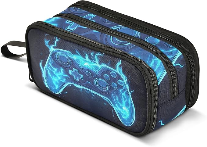 Joystick Gamepad Blue Flame Pencil Case Box Boys Girls Large Pencil Pouch with Zipper Compartments Big Capacity Stationery Pen Bag Organizer for Kids Teens Adults School