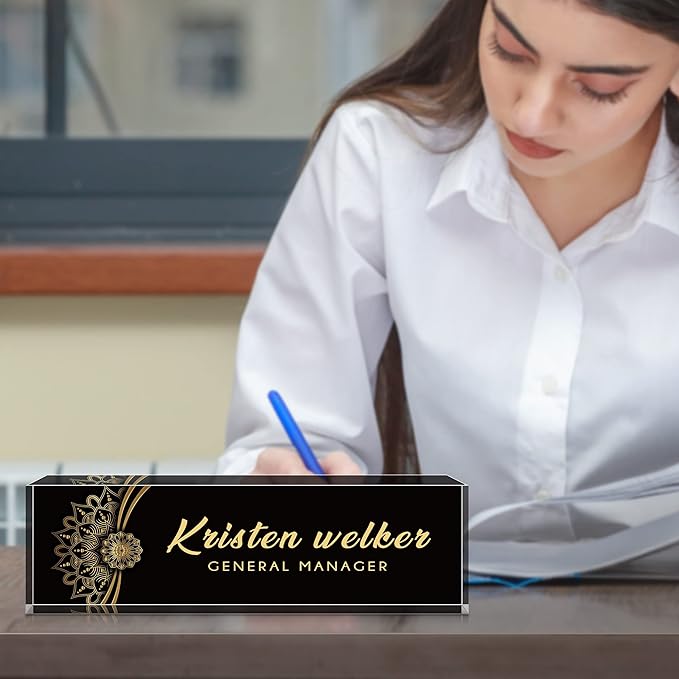 SalaGraphics Desk Name Plate Personalized, Custom for Desk, Office Decor Women Men, Acrylic Accessories, Gifts Coworkers Boss Teacher, Employee Appreciation (Black Flower), 8''(L)x2.5(W)