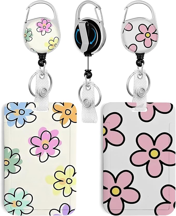 2 Pack Flower ID Badge Holder with Heavy Duty Retractable Reel Keychain for WomenStudents,Teachers, Nurses, Office Use 8