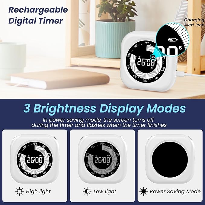 Visual Timer for Kids, 10 Hours Countdown/Up, with Rechargeable, 3 Brightness Display, 3 Volume Levels and Magnetic, Homeschool Study Tool, Large Digital Timers for Kitchen, Classroom