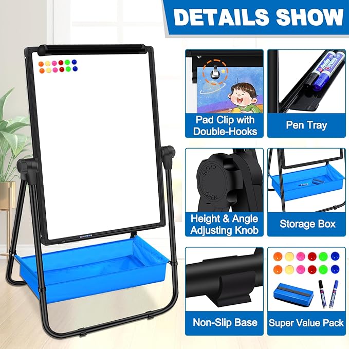 Dry Erase White Board with Stand Double Sided 28"X20" Magnetic U Standing Easel Whiteboard, Height Adjustable & 360° Rotation Portable White Boards for Classroom, Home & Office