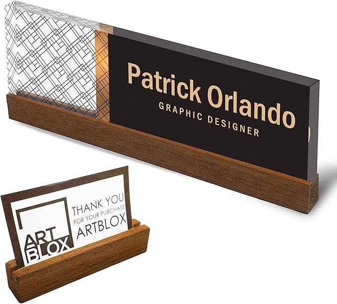 Artblox Personalized Office Desk Name Plate and Business Card Holder | Clear Acrylic Glass with Teak Wood Stand | Abstract Net Design Customized with Your Name and Credentials Office Desk Décor