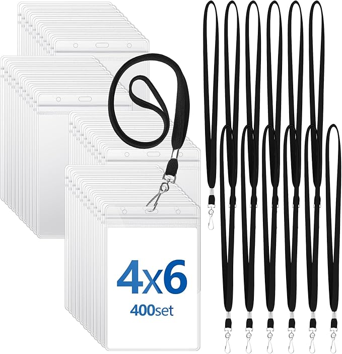 Chuangdi 400 Pcs Large 4 x 6 Inch Clear ID Badge Holder with Lanyard Waterproof Vertical Badge ID Card Holders Clear Plastic Tags Transparent PVC Pouch for Office (Black Lanyard)