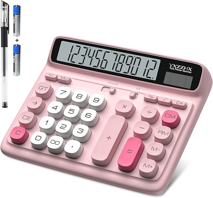 Desktop Calculator with Extra Large 5-Inch LCD Display, 12-Digit Two Way Power Solar & Battery Office Calculator with Big Buttons for Business, Accounting & Home Use(Pink)