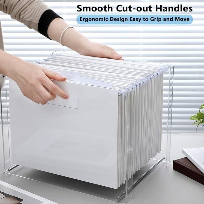 24 Hanging File Folder with Acrylic Organizer for Letter/a4 Size Desktop Clear File Storage Box with Handles for Home Work Office Use(White,Classic)