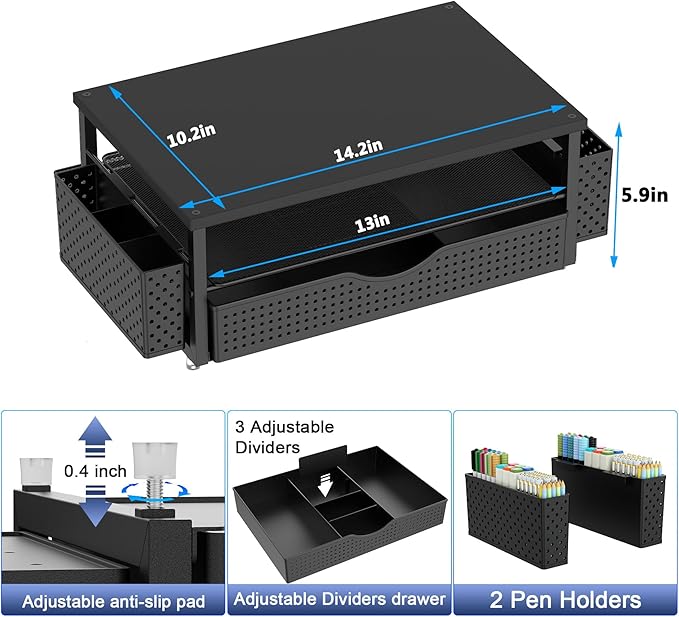 Spacrea Desk Organizer and Accessories, Computer Monitor Stand Riser with Drawer and 2 Pen Holders, Office Desk Accessories & Workspace Organizers for Office Supplies (Black)