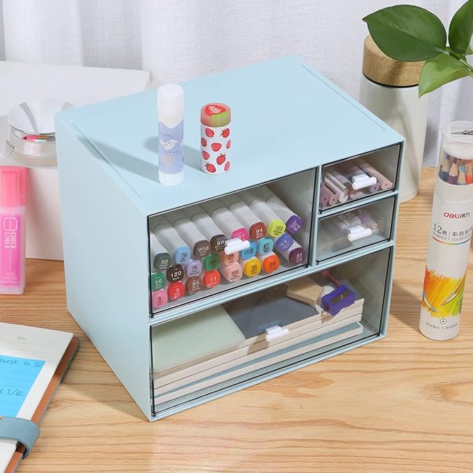 Desk Craft Organizer and Storage with 4 Mixed Drawers, Stackable Plastic Desktop Accessories & Workspace Organizer for Office Stationary, Makeup Skincare, Sanitation Supplies, Blue