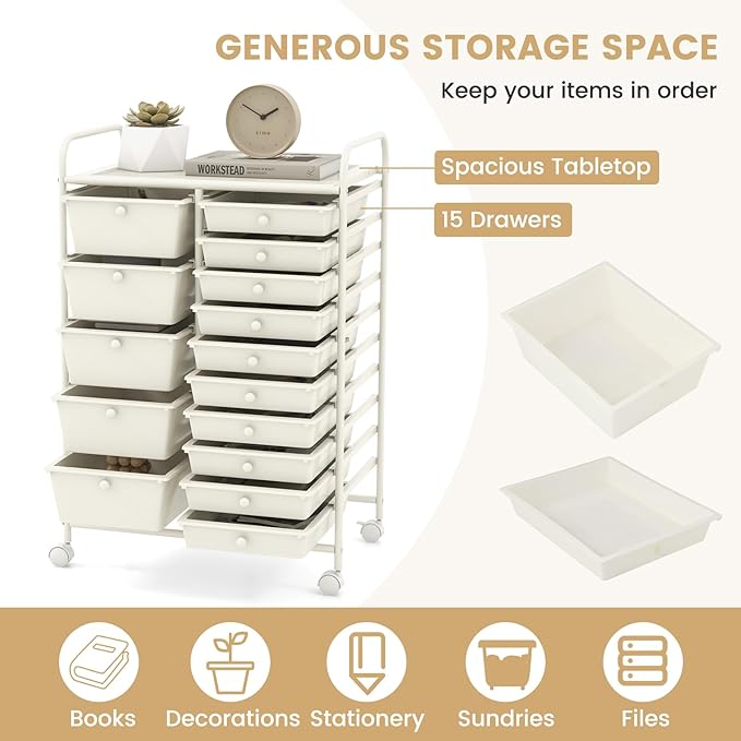 ARLIME 15-Drawer Storage Cart, 15 Drawer Trolley, Rolling Organizer Cart, Scrapbook Paper Organizer, Suitable for Office and School, Rolling Office Storage Tools (White)