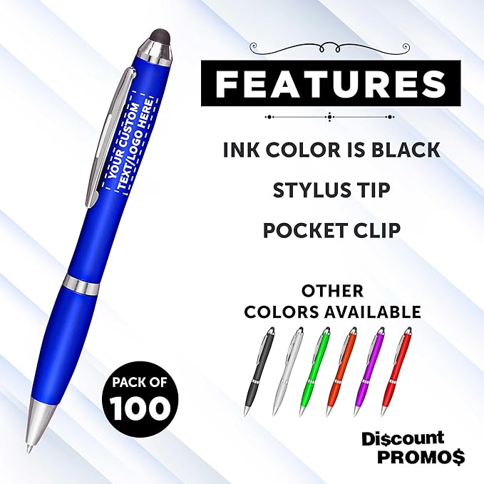 DISCOUNT PROMOS Custom Plastic Stylus Pens Set of 100, Personalized Bulk Pack - Black Ink, Great for Office, School, Business, Tradeshows, Events - Blue