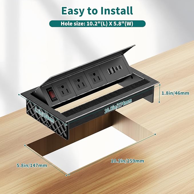 QBA Tabletop Brush Connectivity Box Outlet, Recessed Power Strip with USB-C 30W, 3 TR Outlets, 4 USB Ports, for Home Office, Black