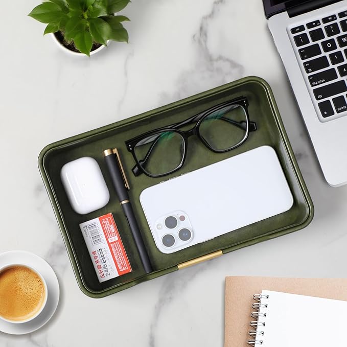 10.2" x 6.7" Nightstand Organizer Tray with Gold Accent, Decorative Valet Trays Cologne Organizer for Men, Key Bowl Perfume Trinket Tray for Dresser Bedside Entryway Table (Dark Green)