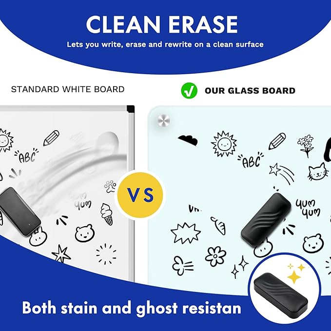 Magnetic Glass Dry Erase WhiteBoard: 36 x 24 Inches Wall Mounted, Extra Large Frameless Whiteboard for Office, Home & School, Includes 8 Magnets, 4 Markers, and 1 Eraser (Green, 36'' * 24'')