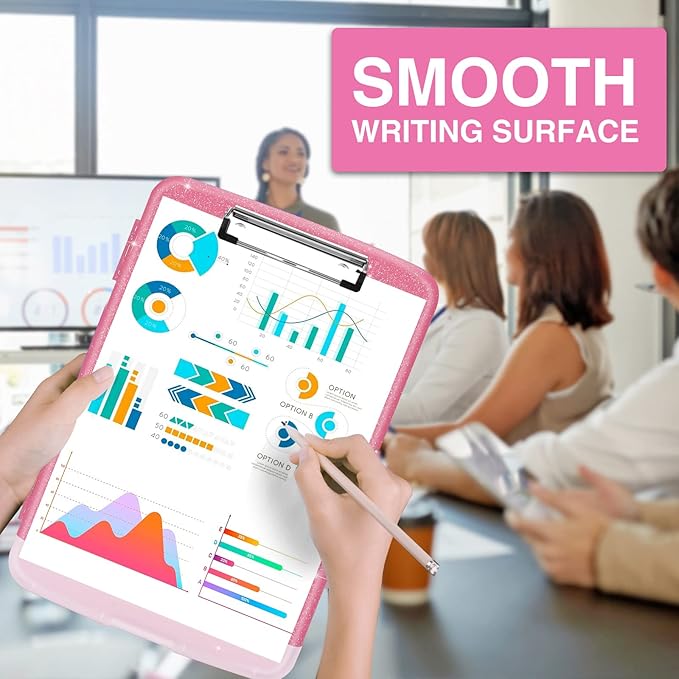 Sooez Glitter Clipboard with Storage, High Capacity Clip Boards 8.5x11 with Pen Holder, Cute Clipboards with Low Profile Clip, Sparkle Plastic Organizer Case Box for Women & Kids, Side Opening