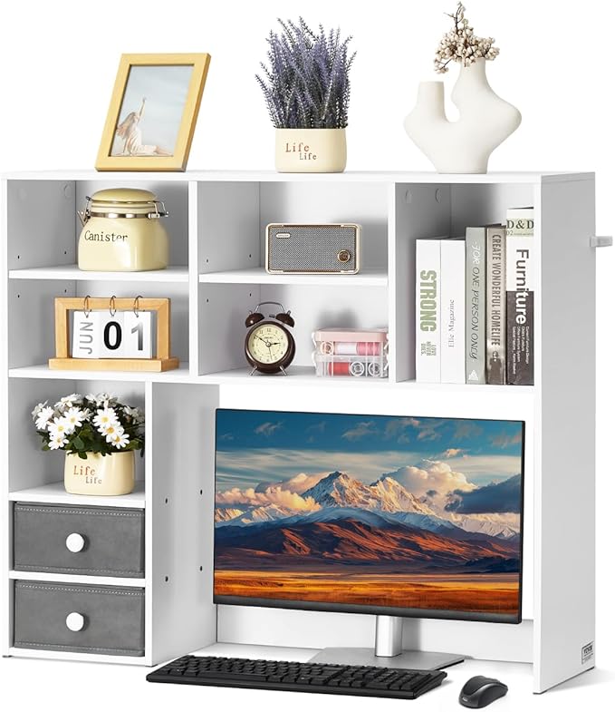 VEVOR 3-Tier Desktop Bookshelf, 37" x 10" x 31.1" Office Storage Rack, Modern Style, Melamine Finish, Heavy Duty, 3 Shelves, Large Capacity, Easy Assembly, Wall Mountable, White